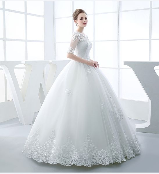 

half sleeves lace appliqued ball gown wedding dresses with zipper back 2021 o-neck wedding gowns vestidos de novia, White