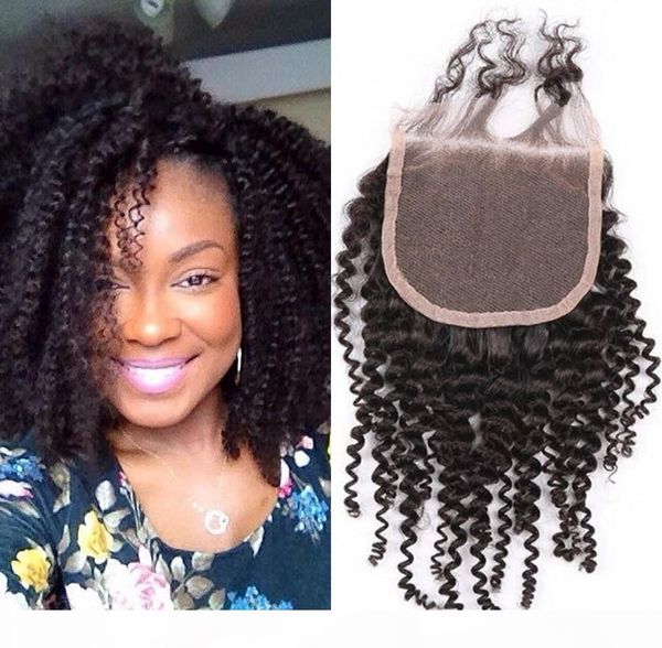 

malaysian virgin human hair lace closure 4x4 middle three part natural color kinky curly closure, Black;brown