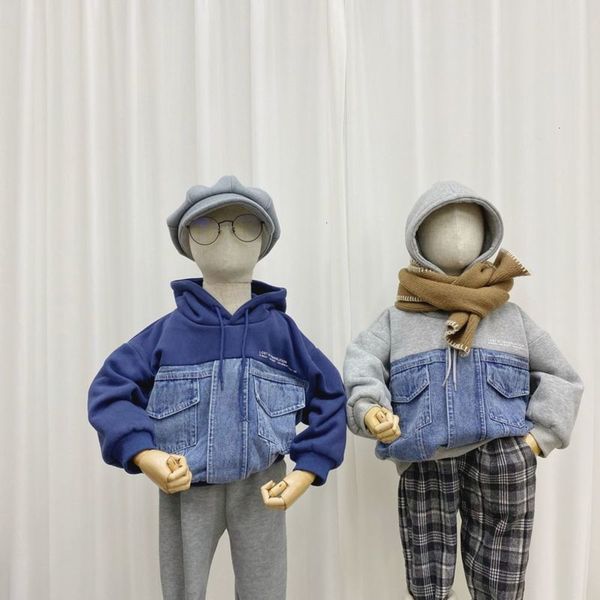 

add xixijia wear new cashmere winter denim stitching medium and large children's hooded bodysuit korean hoodie 1tf1, Black