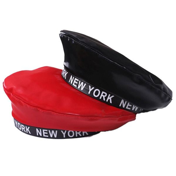 

maershei elegant women faux leather berets letters printing autumn winter solid color pu leather winter cap female, Blue;gray