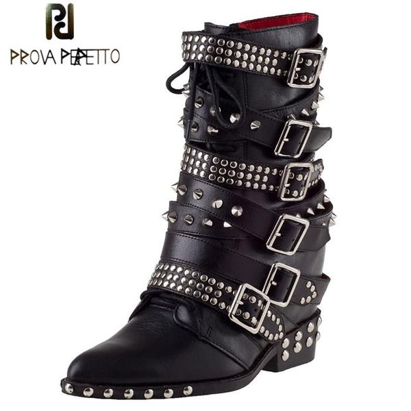 

prova perfetto new arrival design winter women boots belt buckle rivet motorcycle boots hight increased leather short, Black