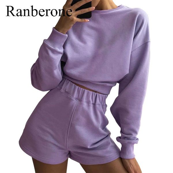 

ranberone sport suit female solid long sleeve oversize hoodies elastic waist sweatpants shorts ladies 2 piece outfit tracksuits, White;black