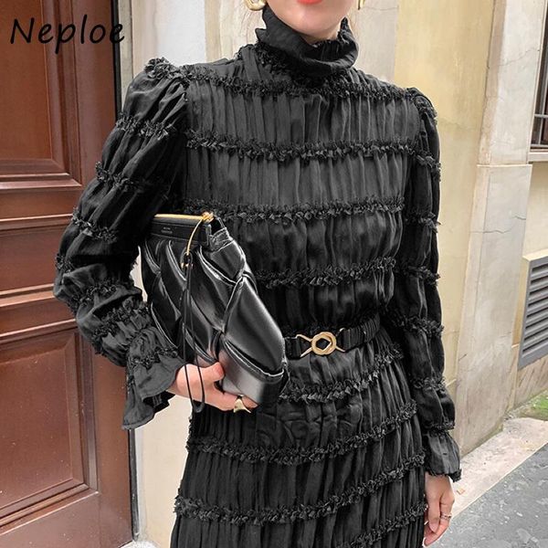 

neploe chic lace patchwork slim waist women dress turtleneck flare sleeve vestidos solid color pleated dresses with belt, Black;gray