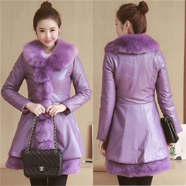 

2021 new fake female white leather jacket 5xl 6xl plus size fox skin collar -autumn new korean fashion thin heat jackets xynh, Black