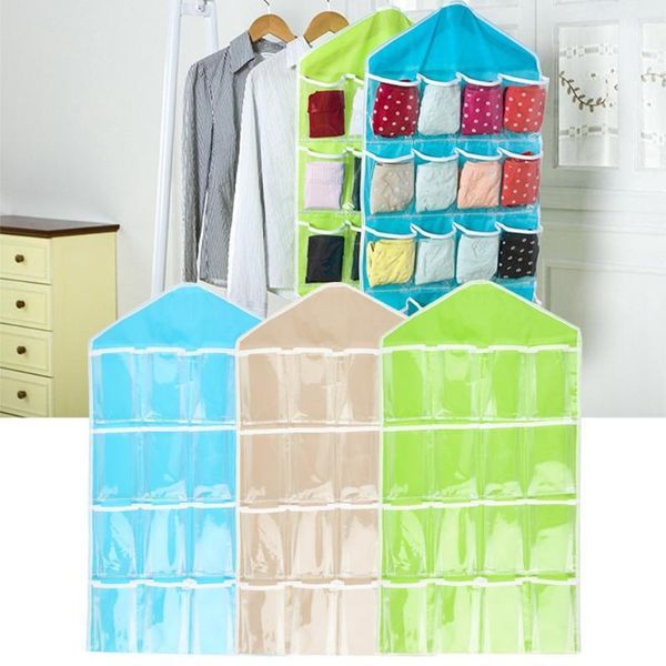 

16 pockets transparent polyester hanging bag bra socks underwear hanger storage organizer clothes storage home decoration1