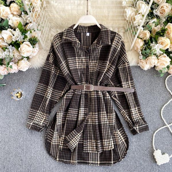 

women's blouses & shirts singrain women vintage plaid blouse turn-down collar long sleeve button chic split autumn korean fashion stre, White