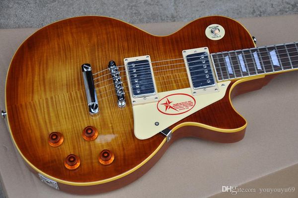 

factory custom smoke color electric guitar with 2 pickups, yellow connection, flame beige veneer, offering customized services