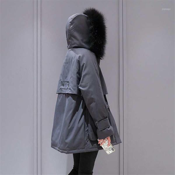 

fashion hooded winter jacket women big pocket solid down parka coat with fur collar female1, Black