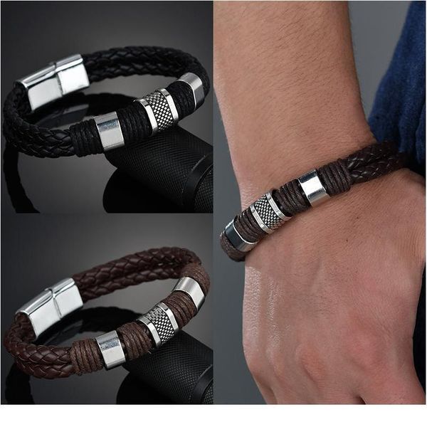 

new arrival men pu leather 1pc punk boys unique zinc alloy weave knit brown bracel jllfnd
