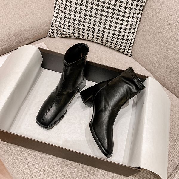

square head thick short women's middle heel 2020 new versatile back zipper look thin ins net red skinny boots