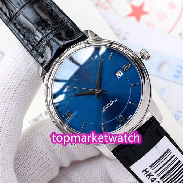 

manufacturers new 424.13.40.20.03.001 japan miyota automatic mens watch blue dial steel case leather strap business watch, Slivery;brown