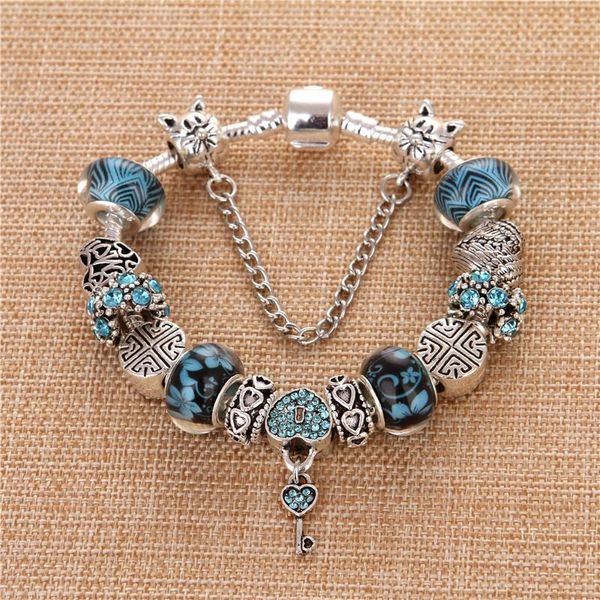

charm bracelets 2021 heart key pendant blue crystal zircon charms diy fashion cute elegant pand & bangles for women gift, Golden;silver