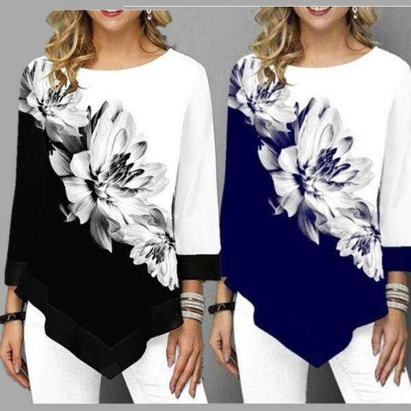 

fashion hem irregularity women's shirt spring summer printed o-neck 3/4 sleeve blouse casual flower shirts black plus size y200622, White