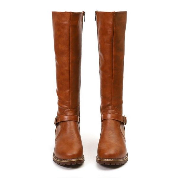 

layumi's women large size leather boots women's winter leather buckle round toe boots women's thick heel fashion, Black