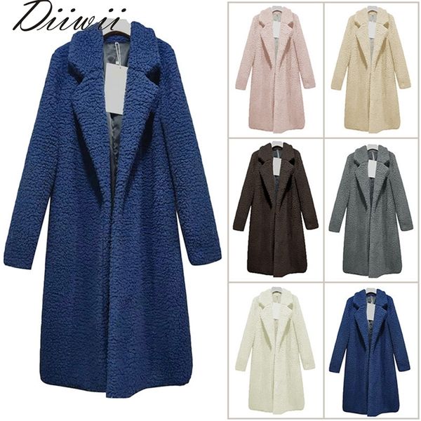 

diiwii long fleece jackets winter warm teddy coat cardigan office lady women wool blends full overcoats plus size 201102, Black