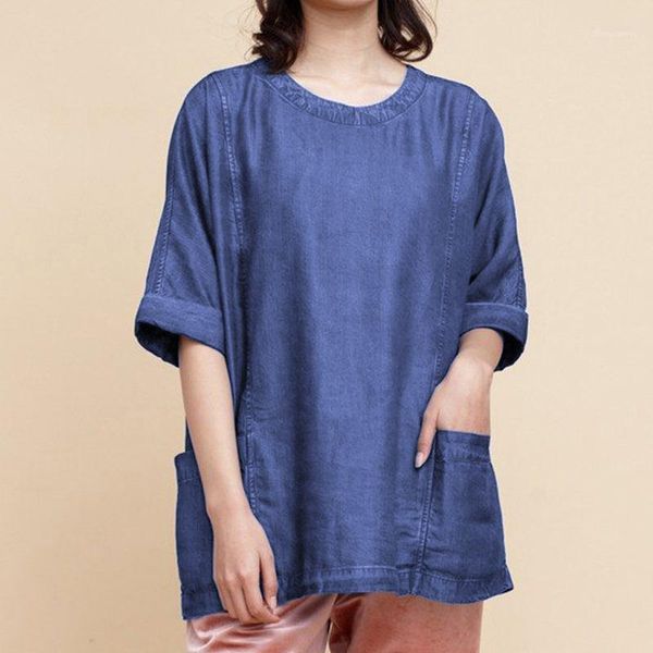 

celmia women denim blouse 2020 summer stylish casual pockets half sleeve loose blusas mujer solid work shirts plus size 5xl1, White