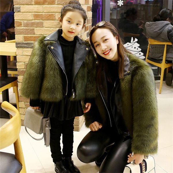 

liligirl winter mother daughter christmas faux fur leathe coat outwear for family christmas matching clothes jacket lj201111, Blue
