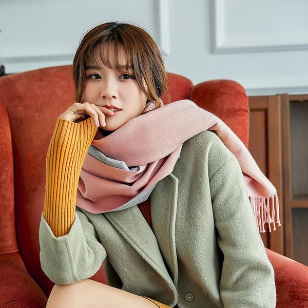 

scarves autumn and winter 2021 warm scarf, korean double-sided solid color long student scarf shawl. cold proof imitation cashmere 3004, Blue;gray