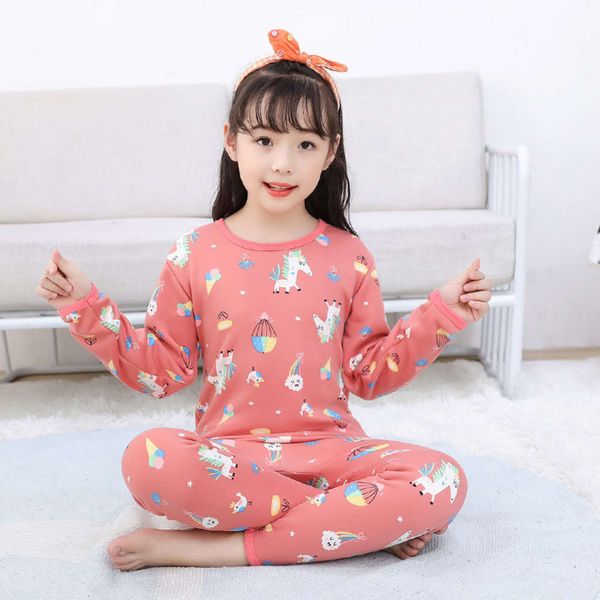 

2020 korean children's thermal underwear set plush and thickened pajamas cartoon round neck cloth autumn pants, Blue;red