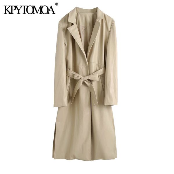 

kpytomoa women fashion with belt faux leather trench coat vintage long sleeve side vents female outerwear chic lj201128, Tan;black