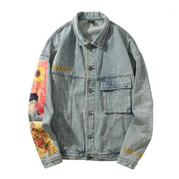 

perhaps u light blue denim jacket turn down collar button long sleeves vintage print embroidery loose jean jackets fashion c05091, Black;brown