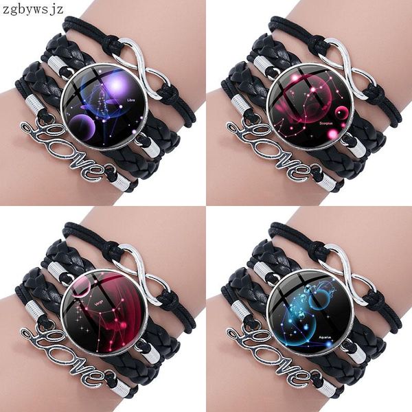 

vintage fashion glass multilayer black leather bracelet bangles jewelry handmade for girl 12 constellations, Golden;silver