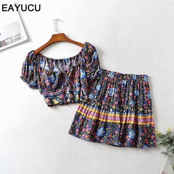 

vintage women two piece set boho style floral print crop + mini skirts high waist outfits beachwear summer kg-978, White