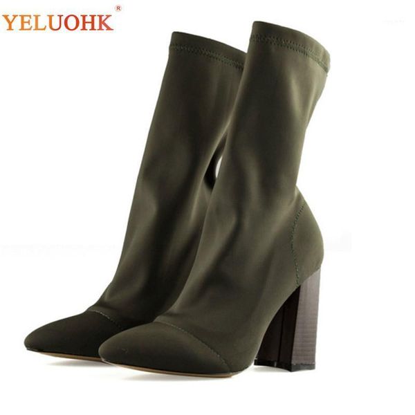 

women's ankle boots pointed toe fashion fabric boots women socks boot black green 34-40 plus size autumn women shoe1