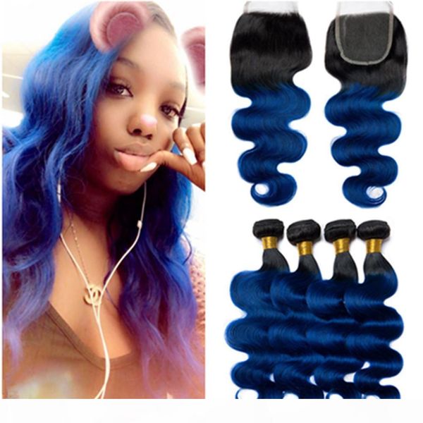 

ombre dark blue brazilian human hair body wave 4bundles with closure 5pcs lot #1b blue ombre human hair weaves with lace closure 4x4, Black;brown