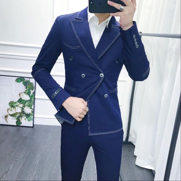 

2020 version male self-cultivation double breasted suits hair stylist tendency small personality two-piece suit eym6, White;black