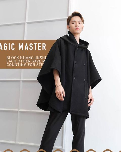 

double-breasted garden-style hooded cloak fashion casual loose wool coat autumn and winter bat shirt fashion men's individual co1, Black
