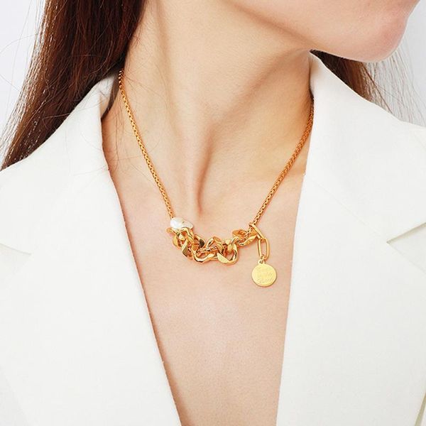 

TARCLIY New Trendy Simple Box Chain Vintage Metal Thick Chain Pearl Small Disc Pendant Necklace Women Fashion Party Jewelry, Golden;silver