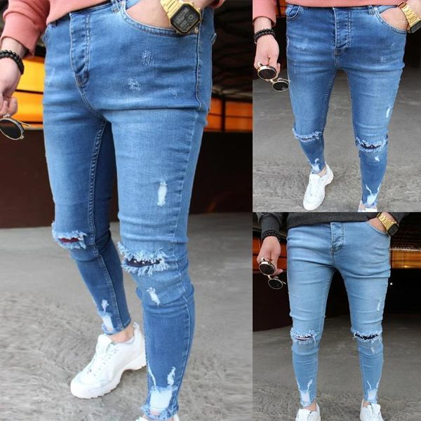 

laamei new mens solid color jeans 2020 new fashion slim pencil pants casual hole ripped design streetwear 20201, Blue