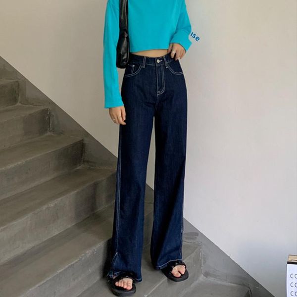 

women's jeans high waist woman wide leg denim pants black streetwear vintage quality 2021 fall fashion straight, Blue