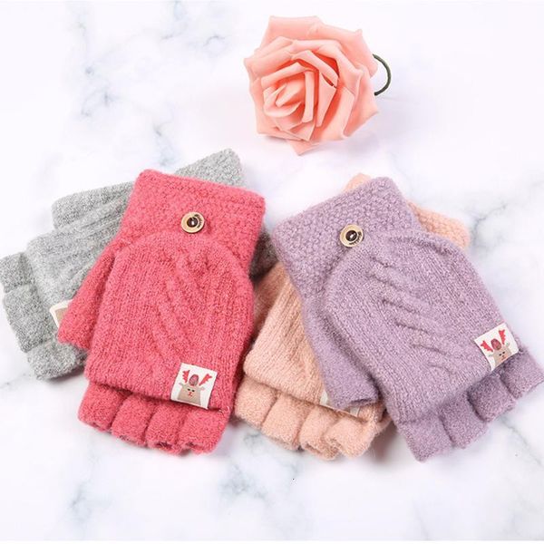 

1pair half-finger gloves women' girls winter gloves solid color knitted soft warm candy color flip cover women, Blue;gray
