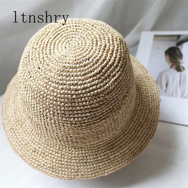 

hand made summer hats for women straw sun hat bucket cap raffia lady girls panama beach hats floppy female travel folding cap y200602, Blue;gray