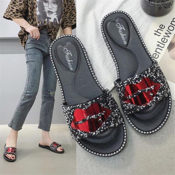 

2021 new women slippers summer red lips rhinestone fashion female shoes wear non-slip casual trend ladies sandals outdoor home, Black