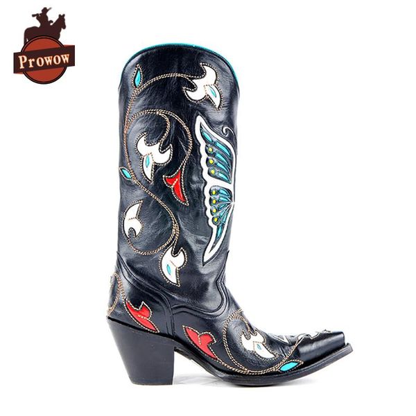 

prowow женщины западные ковбойские сапоги из натуральной кожи дизайнер печать ручной бабочки высокие каблуки загон середины икры сапоги женс, Black