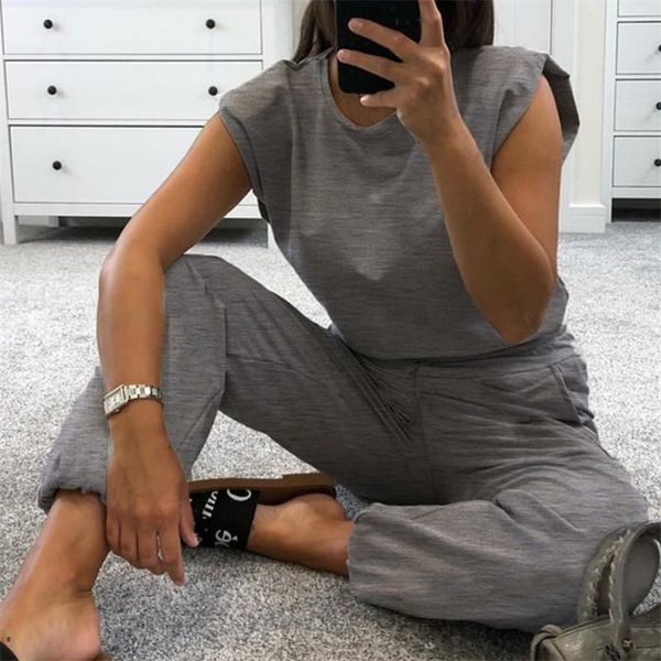 

женщины наплечника 2 кусок наборы трексуита женские рукавов блузка высокая талия длинные брюки набор 2020 осень вскользь женские костюмы, Gray