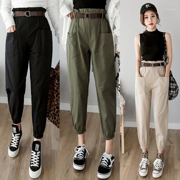 

women pants 2020 spring summer fashion female solid high waist loose harem pant pencil trousers casual black pants streetwear1, Black;white