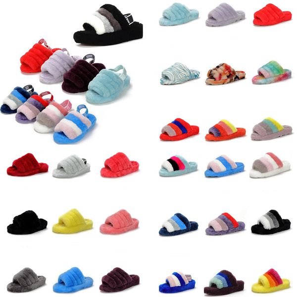 

designer women winter warm slippers plush casual colorful platforms fur slippers home ladies outdoor slides flip flops sandals, Black