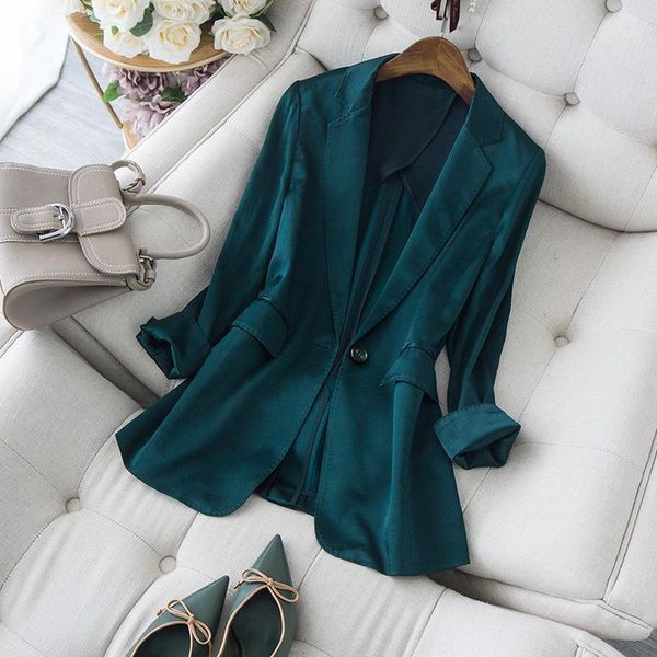

2021 new autumn women slim acetate high-end luxury blazer coat nine points sleeve plain notched soft business coat1, White;black