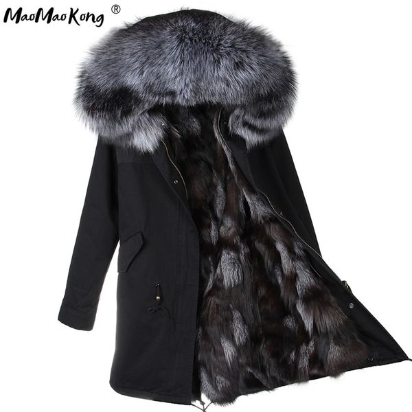 

mao mao kong winter women's fur jacket long outdoor real fox fur lining parka ed44 women's coat 201217, Black