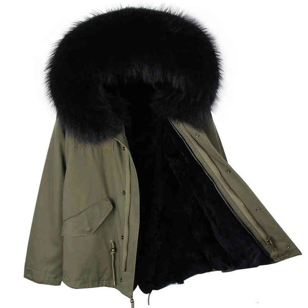 

parkas winter jacket women coat natural real raccoon fur collar hood rabbit liner detachable outerwear thick, Black