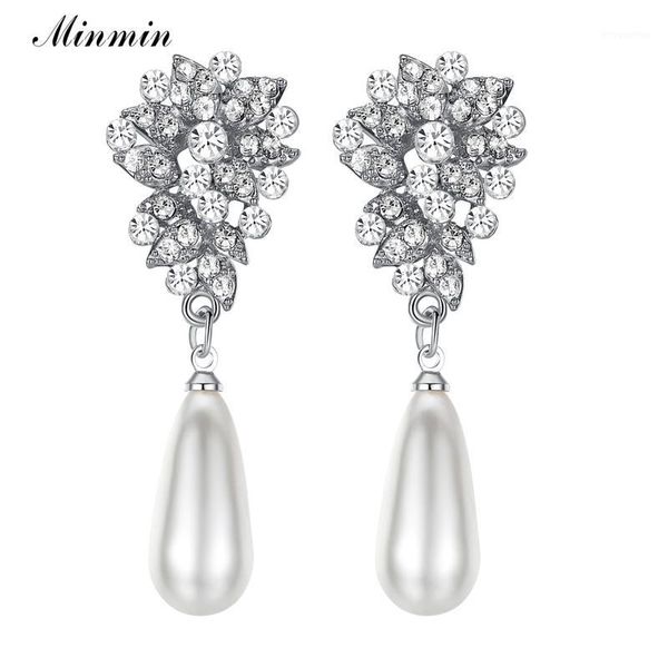 

minmin teardrop simulated pearl long earrings for women crystal earrings bridal wedding engagement meh10241, Silver