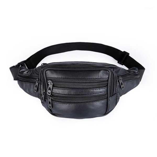 Marsupi Borsa in pelle PU Uomo Multi tasche con cerniera Marsupio da viaggio Cintura da corsa Custodia per telefono Nero Uomo Casual Bum Durevole1