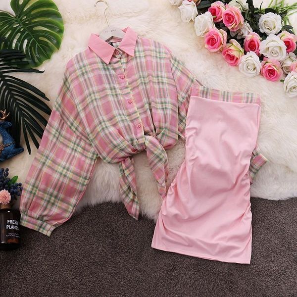 

summer stand collar long-sleeved plaid sunscreen shirt tube pleated dress set1 two piece, White