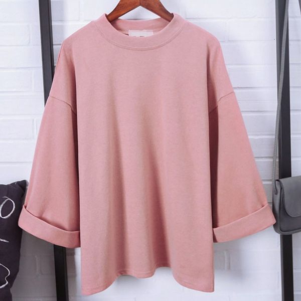 

new women's loose round neck slits curled seven-point sleeves solid color t-shirt bottoming shirt tide, White