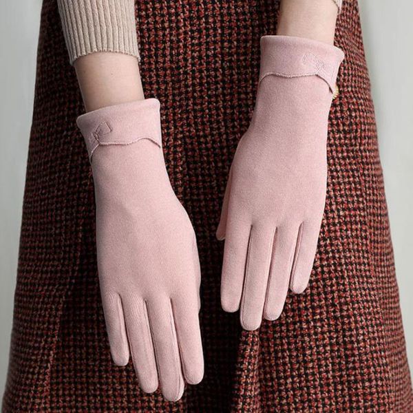 

laamei new female autumn winter non-inverted velvet cashmere full finger warm lace gloves women cotton touch screen gloves, Blue;gray