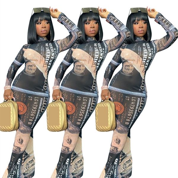 

женщины платья sexy доллар printed мода длинные рукава высокий воротник платья maxiskit bodycon платья christmas party дизайнер одежды cz111, Black;gray